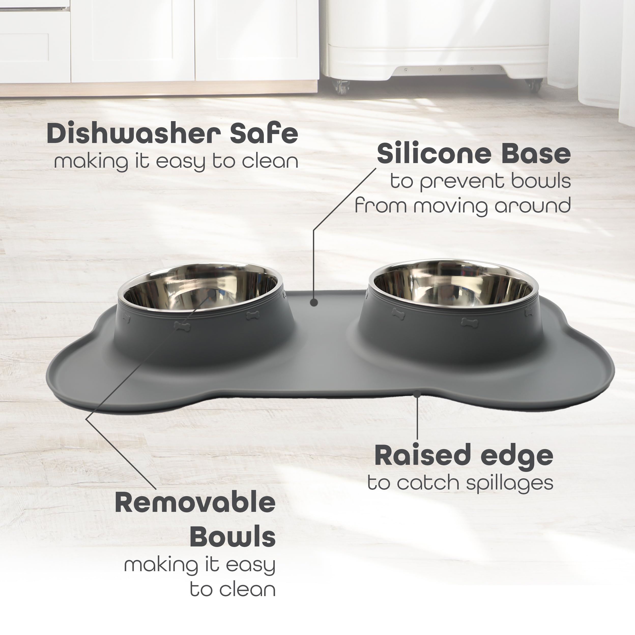 Pawfecto Pets Bowl Food And Drink Double Bowls Set With Silicone Mat Tray For Cats Puppies Small Dogs Feeding (Grey, L) - Image 6