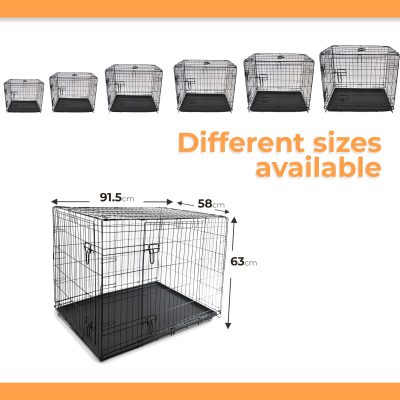 Pawfecto Dog Crate/Cage with Tray – Durable, Foldable Dog Cage with Double Doors | 2 Doors Easy Clean Removable Tray Cats House | Black (91.5x58x63cm)