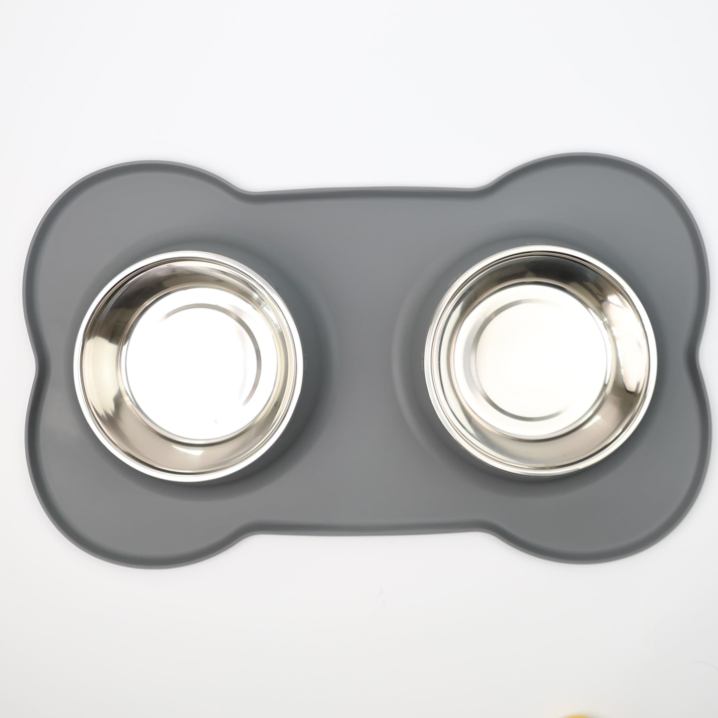 Pawfecto Pets Bowl Food And Drink Double Bowls Set With Silicone Mat Tray For Cats Puppies Small Dogs Feeding (Grey, L) - Image 2