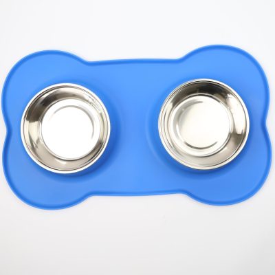 Pawfecto Pets Bowl Food And Drink Double Bowls Set With Silicone Mat Tray For Cats Puppies Small Dogs Feeding (Blue, L)