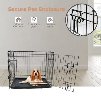 Pawfecto Dog Crate/Cage with Tray – Durable, Foldable Dog Cage with Double Doors | 2 Doors Easy Clean Removable Tray Cats House | Black (76x48x54cm)