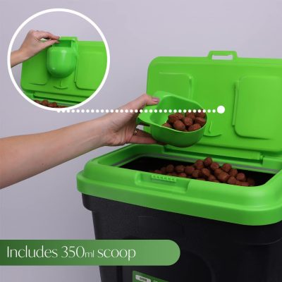 Pawfecto 30L Pet Food Storage Container Flip Top Locking System With Integrated Scoop Plastic Birds Airtight Pet Dog Cat Animal Dry Food 15 KG Dispenser Bin Green