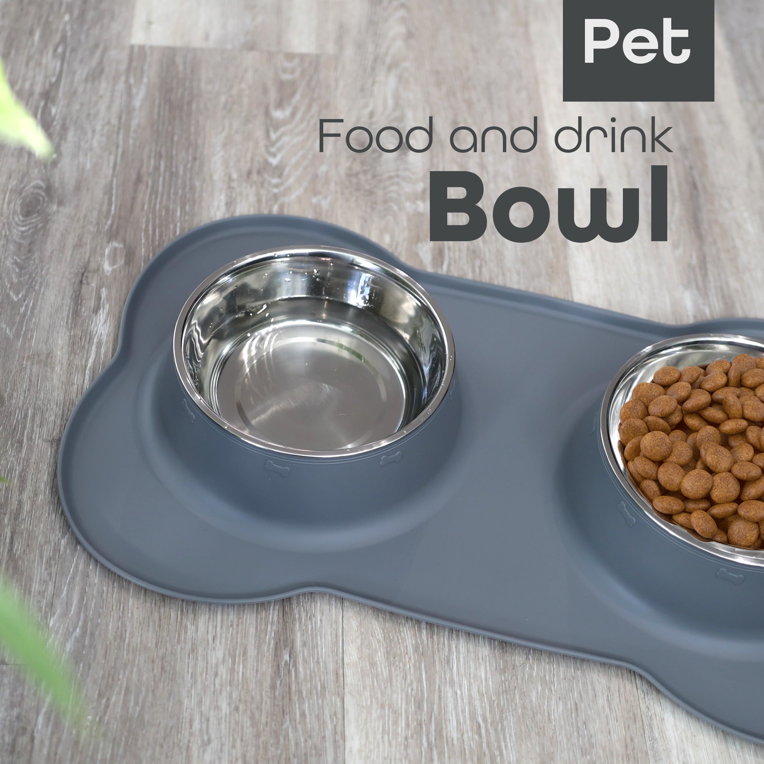 Pawfecto Pets Bowl Food And Drink Double Bowls Set With Silicone Mat Tray For Cats Puppies Small Dogs Feeding (Grey, L) - Image 7