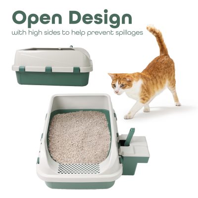 Pawfecto Cat Litter Tray Box, Litter Box, Plastic Cat Open Top Litter Tray with Scoop and Scoop Box Kitten Detachable Rim Easy Cleaning, 57.2 x 41.5 x 24.3cm