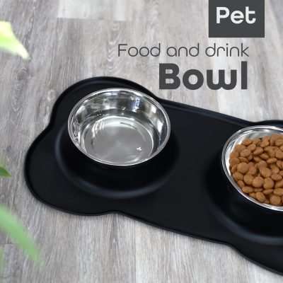 Pawfecto Pets Bowl Food And Drink Double Bowls Set With Silicone Mat Tray For Cats Puppies Small Dogs Feeding (Black, XL)