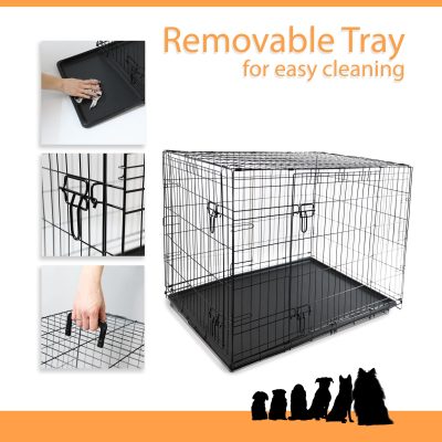 Pawfecto Dog Crate/Cage with Tray – Durable, Foldable Dog Cage with Double Doors | 2 Doors Easy Clean Removable Tray Cats House | Black (107x71x76cm)