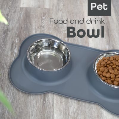 Pawfecto Pets Bowl Food And Drink Double Bowls Set With Silicone Mat Tray For Cats Puppies Small Dogs Feeding (Grey, S)