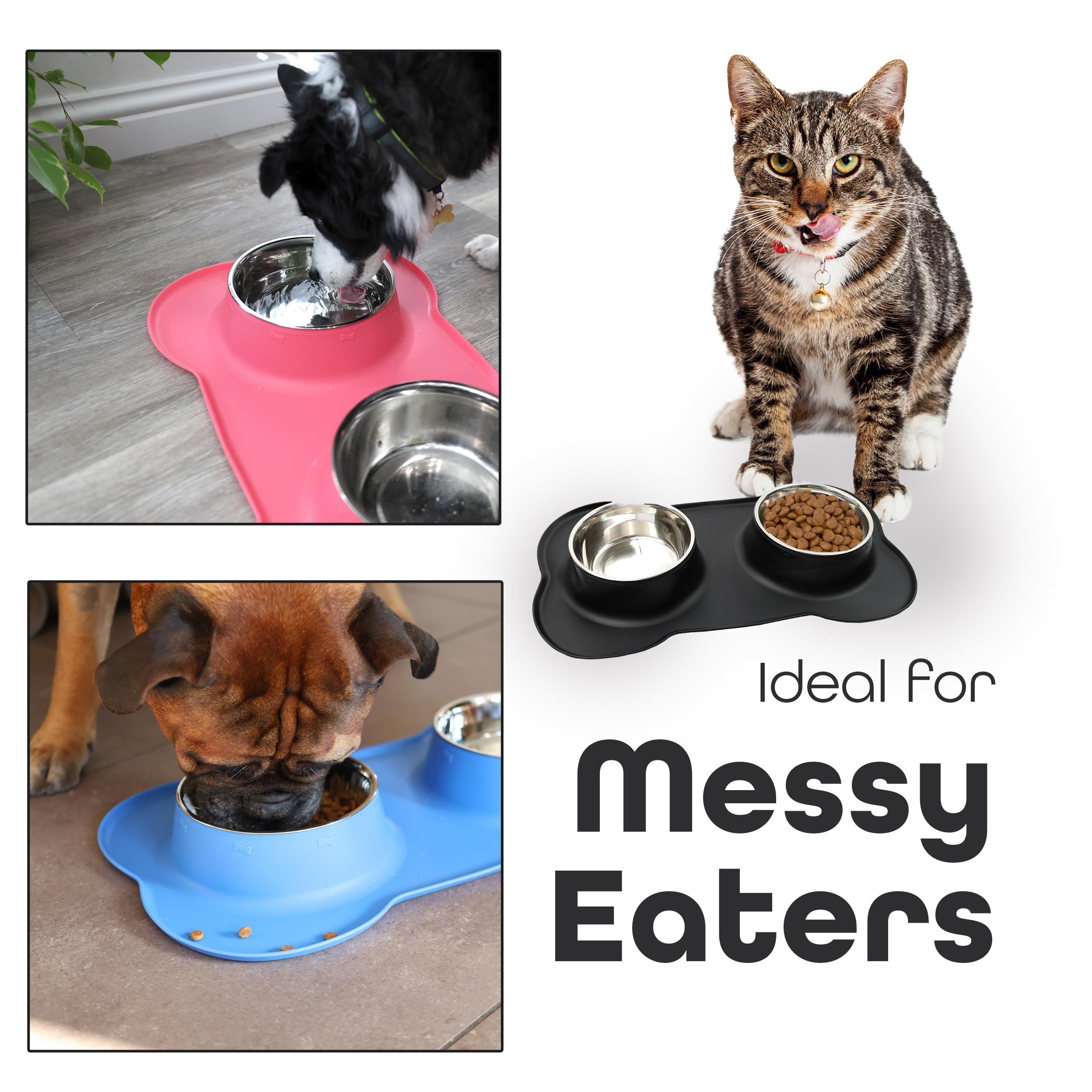Pawfecto Pets Bowl Food And Drink Double Bowls Set With Silicone Mat Tray For Cats Puppies Small Dogs Feeding (Grey, L) - Image 8
