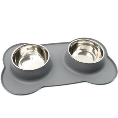 Pawfecto Pets Bowl Food And Drink Double Bowls Set With Silicone Mat Tray For Cats Puppies Small Dogs Feeding (Grey, M)
