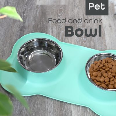 Pawfecto Pets Bowl Food And Drink Double Bowls Set With Silicone Mat Tray For Cats Puppies Small Dogs Feeding (Vista Blue, S)