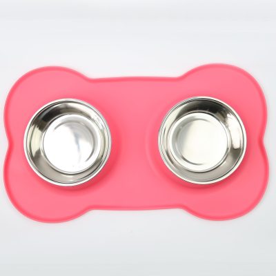 Pawfecto Pets Bowl Food And Drink Double Bowls Set With Silicone Mat Tray For Cats Puppies Small Dogs Feeding (Pink, L)