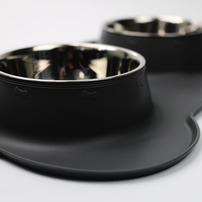 Pawfecto Pets Bowl Food And Drink Double Bowls Set With Silicone Mat Tray For Cats Puppies Small Dogs Feeding (Black, L)