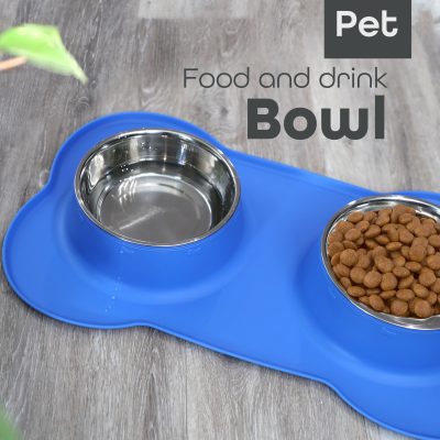 Pawfecto Pets Bowl Food And Drink Double Bowls Set With Silicone Mat Tray For Cats Puppies Small Dogs Feeding (Blue, XL)